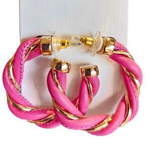 Twist Hoop Earrings Pink Gold Faux Leather Statement Bold 1.5" Round Chunky NEW